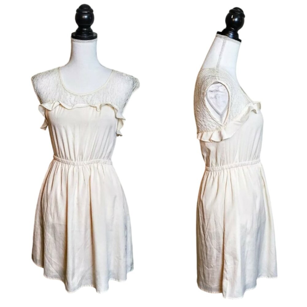 LUSH Dress, Ivory White Polyester Sleeveless Ruffle Lace Boho Casual Short, S